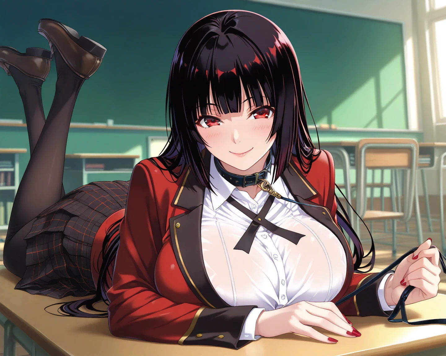 1girl, office, ((shirt)), (angry), ((hourglass figure)), black tights, (from above), looking at viewer, ((thick thighs)), ((pussy)), ((lingerie)), nipples, (sitting), red Jacket