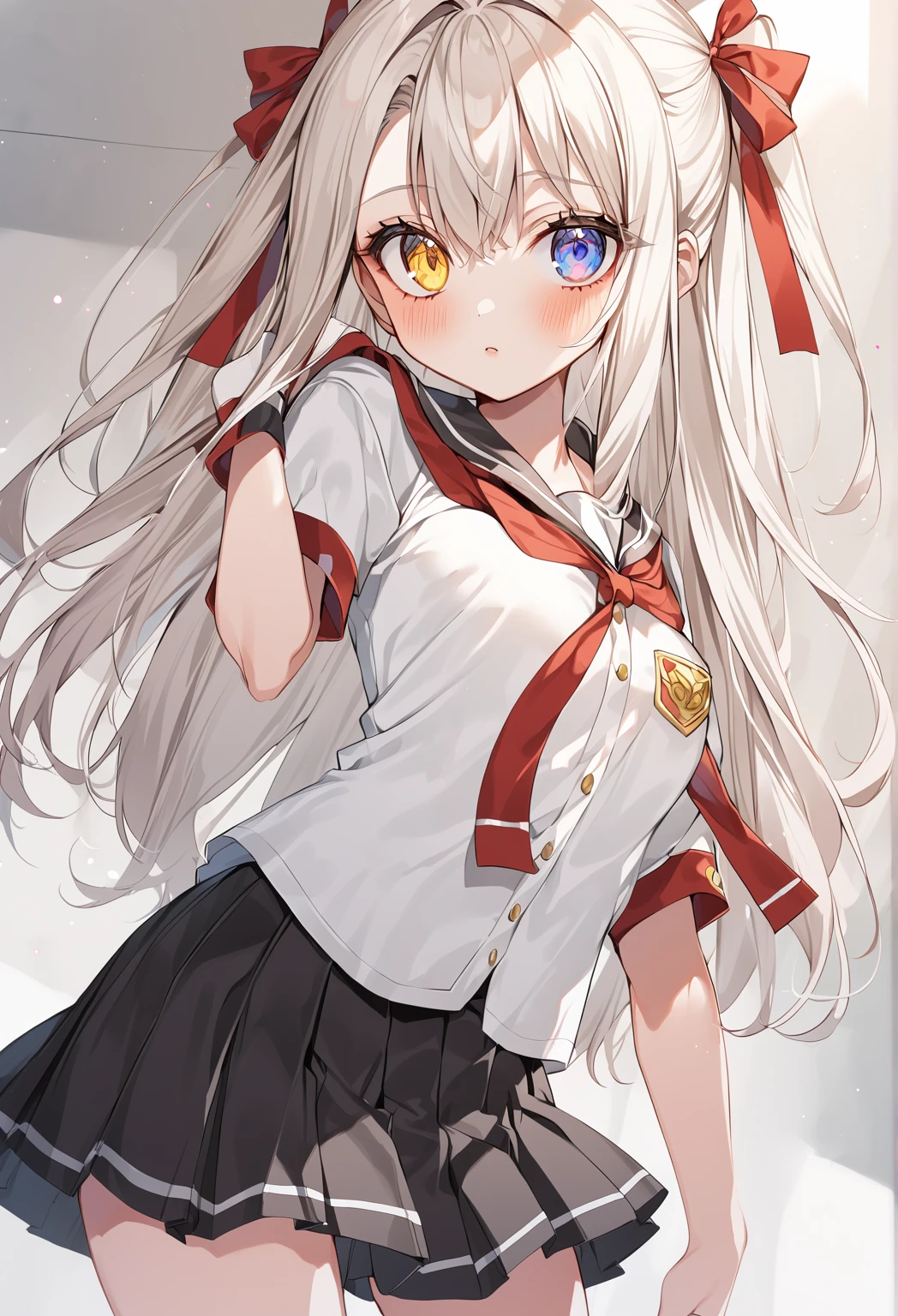2D, masutepiece, Best Quality, Highly detailed, 1girl in, The Perfect Five Fingers,Solo, Sumi, Looking at Viewer, Single braid, Side braid, Hair Bow, white bow, White shirt, Long sleeves, Sailor collar, Red Ribbon, Plaid skirt, Pleated skirt, embarrassed, blush, From below, Panties, Lift skirt, Spread legs