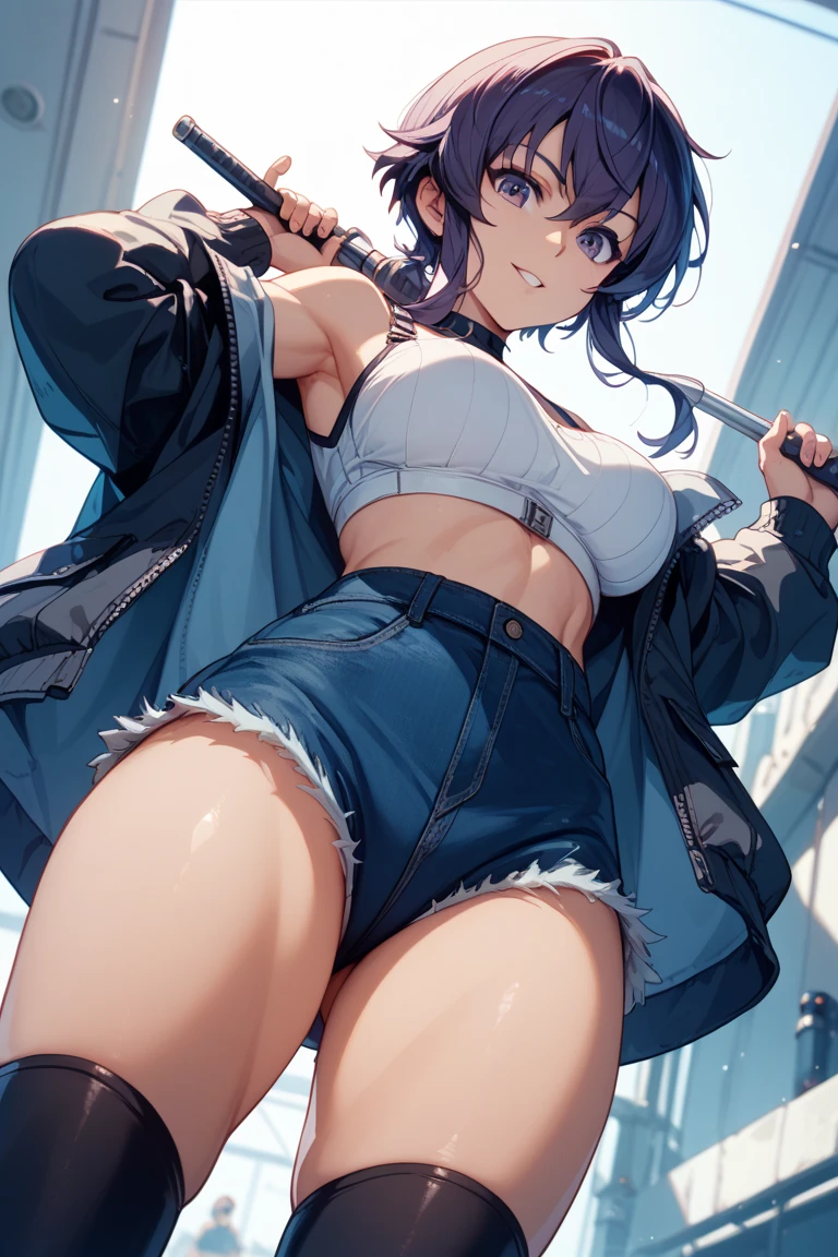 High resolution, woman , good lighting, despicable, , (), (((jeans mini skirt))), ((white sports bra)), (((leather thigh high boots))), (Open your legs wide), abdomen only, (wet shorts), , cute face, , ((white fluid in vagina)), ((black hair))Camera angle looking up from directly below