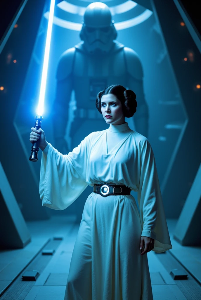 Princess Leia onan imperial cruiser, blue light saber
