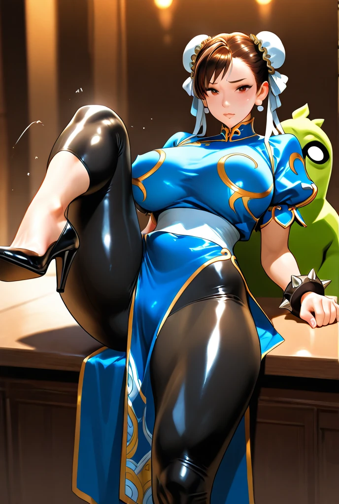 ((Highest quality)), masterpiece, ((detailed)),conversion,Standing posture,Full body image,Anime,futanari,erection,(Huge penis),(ejaculation:1.7),Hands on hips,Qipao,China dress
