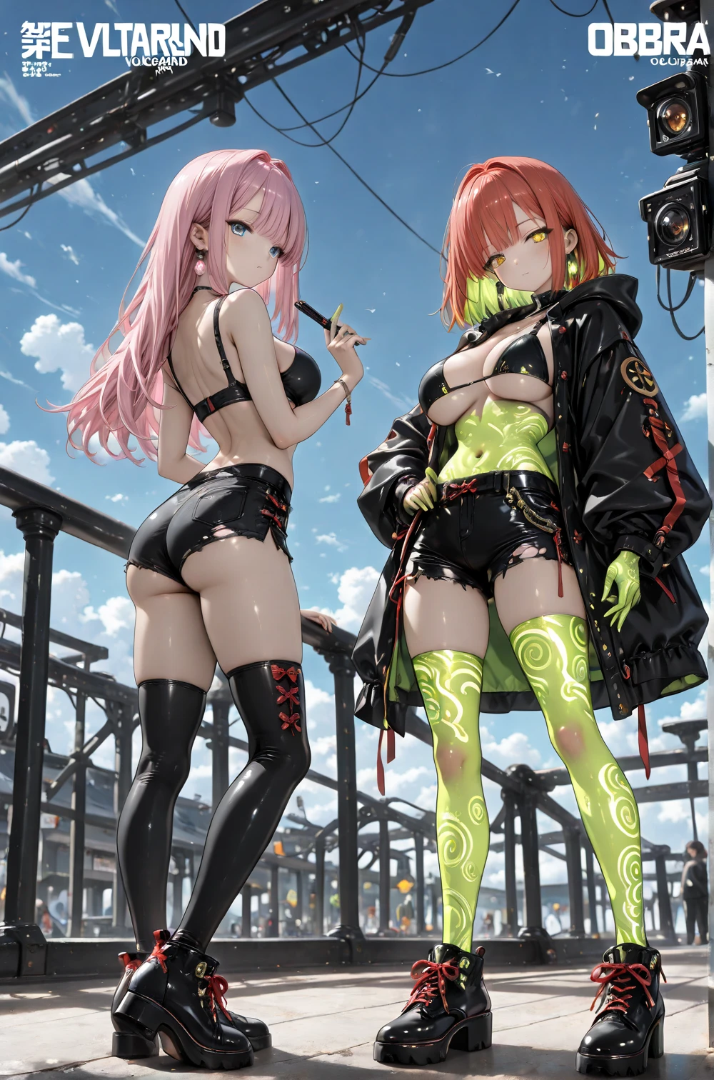 ((1 girls), solo, Big round breasts, thighs, hips, realistic, pink hair, blonde hair, light green eyes, blonde hair, bikini, feed from below pose