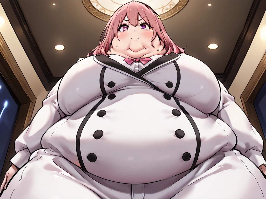 1girl, top heavy figure, (((incredibly big chest))), ((saggy chest)), plump, incredibly plump, ((big belly)), (((big tits))), pout, embarassed, wide, (((obese))), (((fat))), ((love handles)), double chin, out of shape, obese, fatty, tall woman, big bossom, ((milf)), big height, mature, standing, full body, bbw, ssbbw,  takane lui, hair wings, blue eyes,hair between eyes, pink hair, long sleeves, necktie, collared shirt, coat on shoulders, dress shirt, black pantyhose, black gloves, shoes