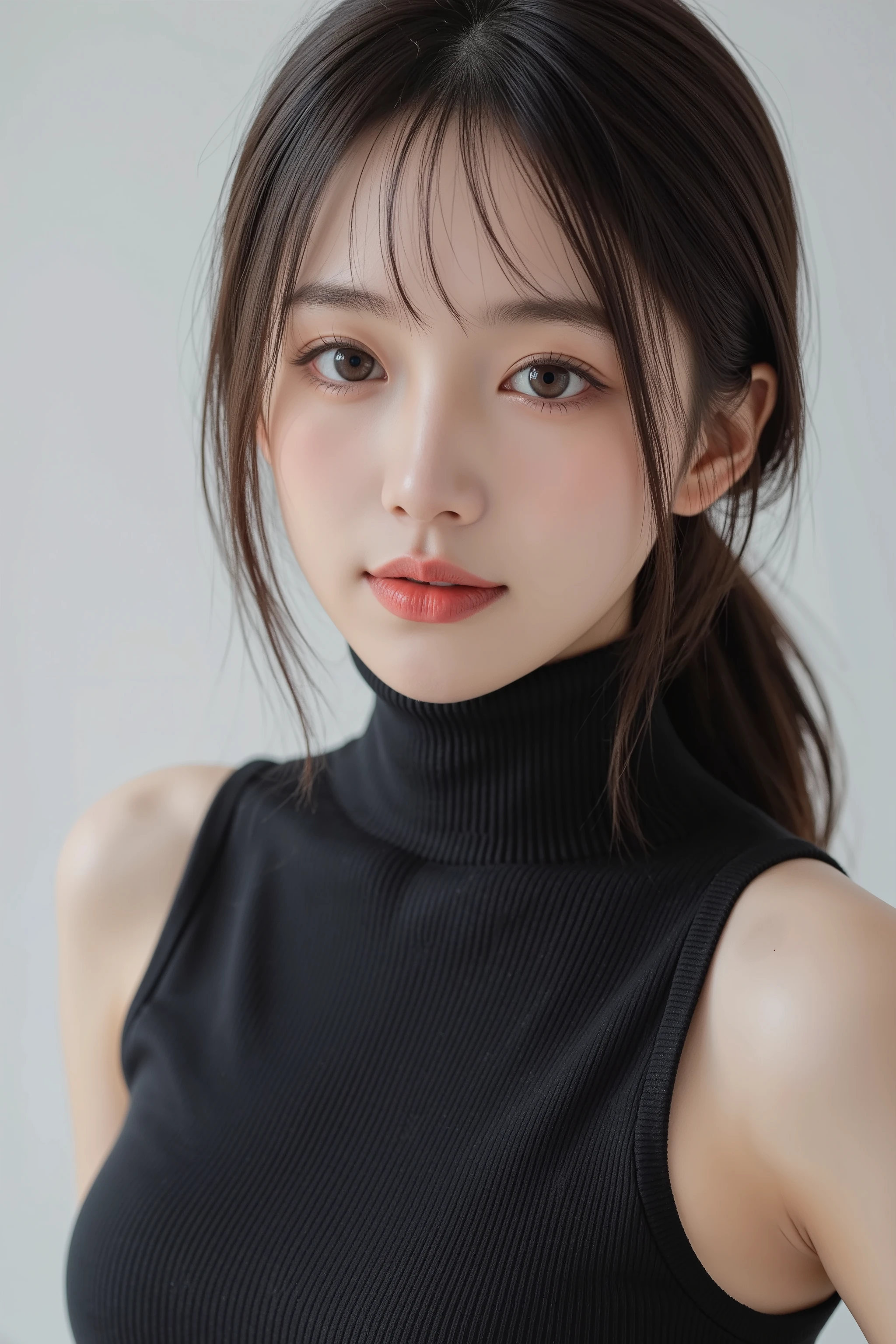 (ultra realistic,32k, masterpiece:1.2),(high detailed skin:1.1),( 8k uhd, dslr, high quality:1.1),
1girl,black hair,bangs andy ponytail,Jumpsuit,Mock Neck Sleeveless Leggings,(red lips:0.8),(mascara:1.1),huge breast,
(looking at viewer, sitting, from above:1.1),
(volumetric lighting:1.1),blank background,