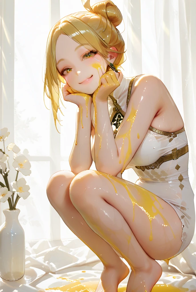 Golden Hair、Beautiful young woman、Full nudity、Twin tail hairstyle、Yellow ribbon hair accessory、Nipples、Small areola、Armpit hair、pubic hair、anus、Erect penis、scrotum、Leg spread、Splattering semen、Dripping Semen、A lot of semen