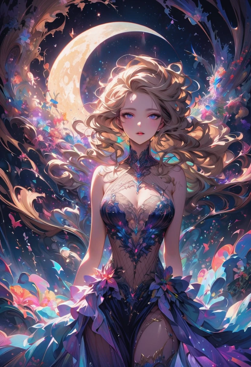 masterpiece, top quality, anime illustration, beautiful 19 year old girl, pale skin, pronounced feminine features, see-through dress with starry sky pattern, wavy blonde hair, big breasts, (starry sky background), modern wind (8K, magnificent composition, sharp focus), elaborate background, buckshot, intricate details, fine detail, backlit, (pray to the sky), butterflies in the color of stars flutter in the sky, (the whole body is visible), --auto --s2