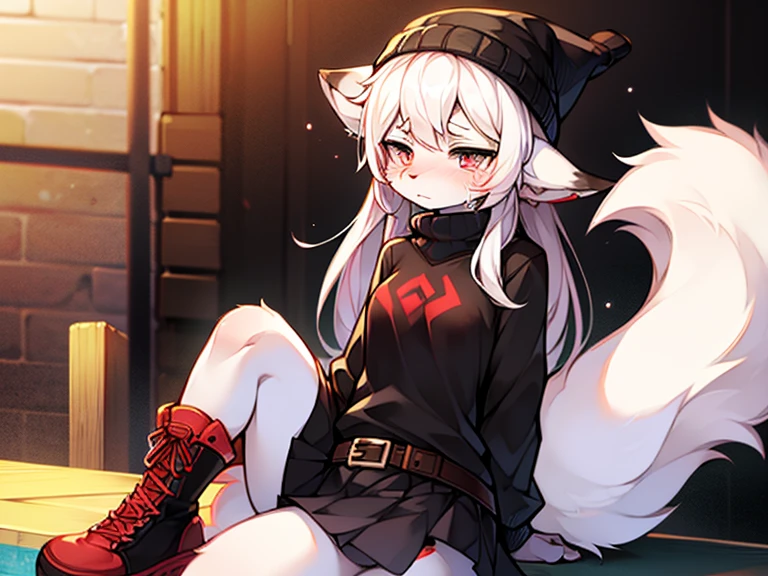 Furry, White fur, Super cute face, Red elements of fur, Black hoodie, Beautiful light and shadow, Zhou Haoguang, Very fine fur, Volumetric Light