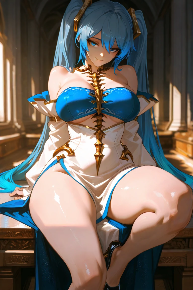 blue hair、long hair down to the waist、Purple headband、golden eyes、beautiful woman with big breasts、In underwear、white color、shy face