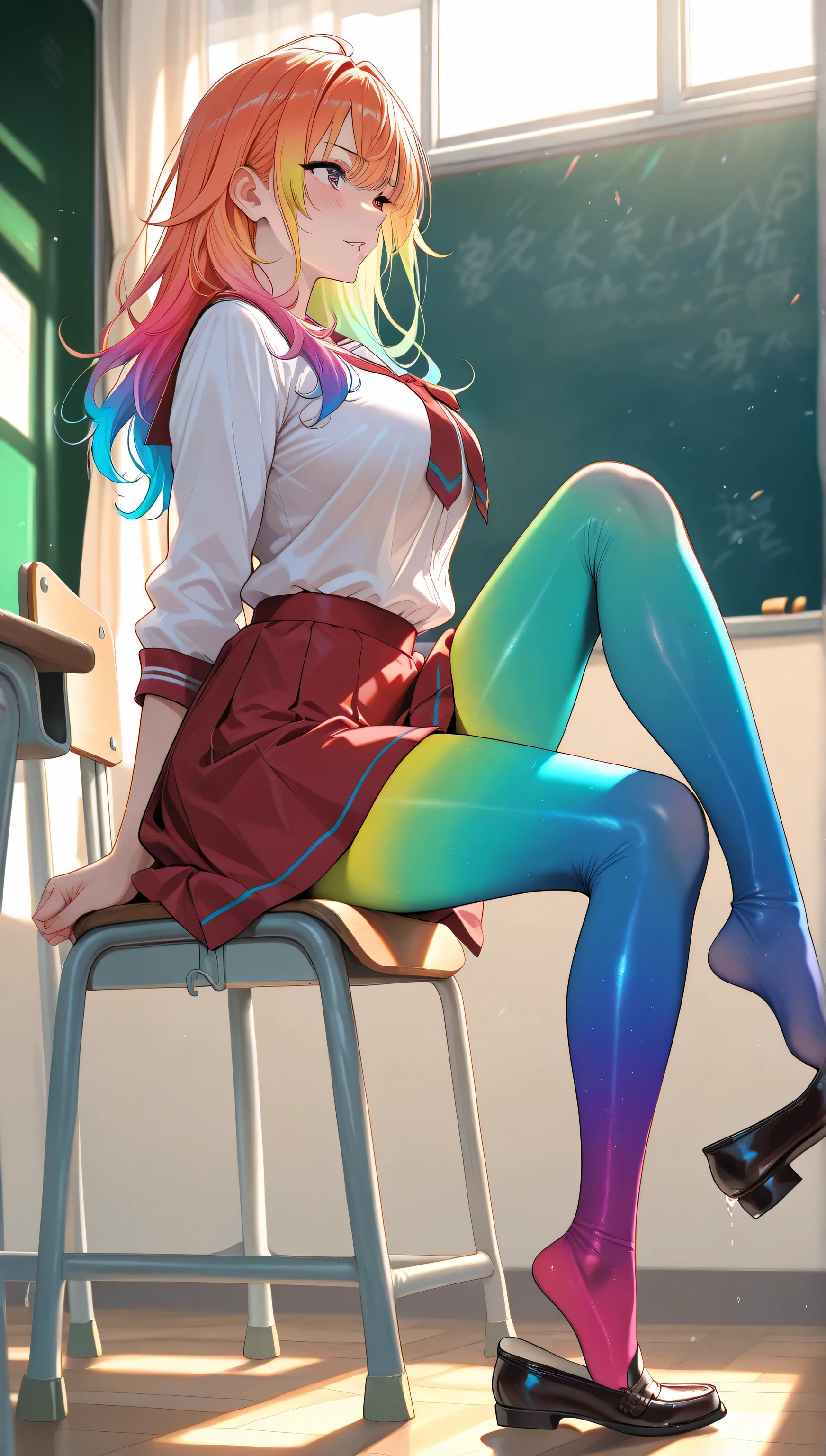 adult women, full body, sitting in a classroom, erotic, dynamic pose, red school uniform, (masterpiece, best quality), colorful pantyhose, vivid colors, shoe dangle:1.0, HDR, volumetric Lighting, classroom background, dynamic image,