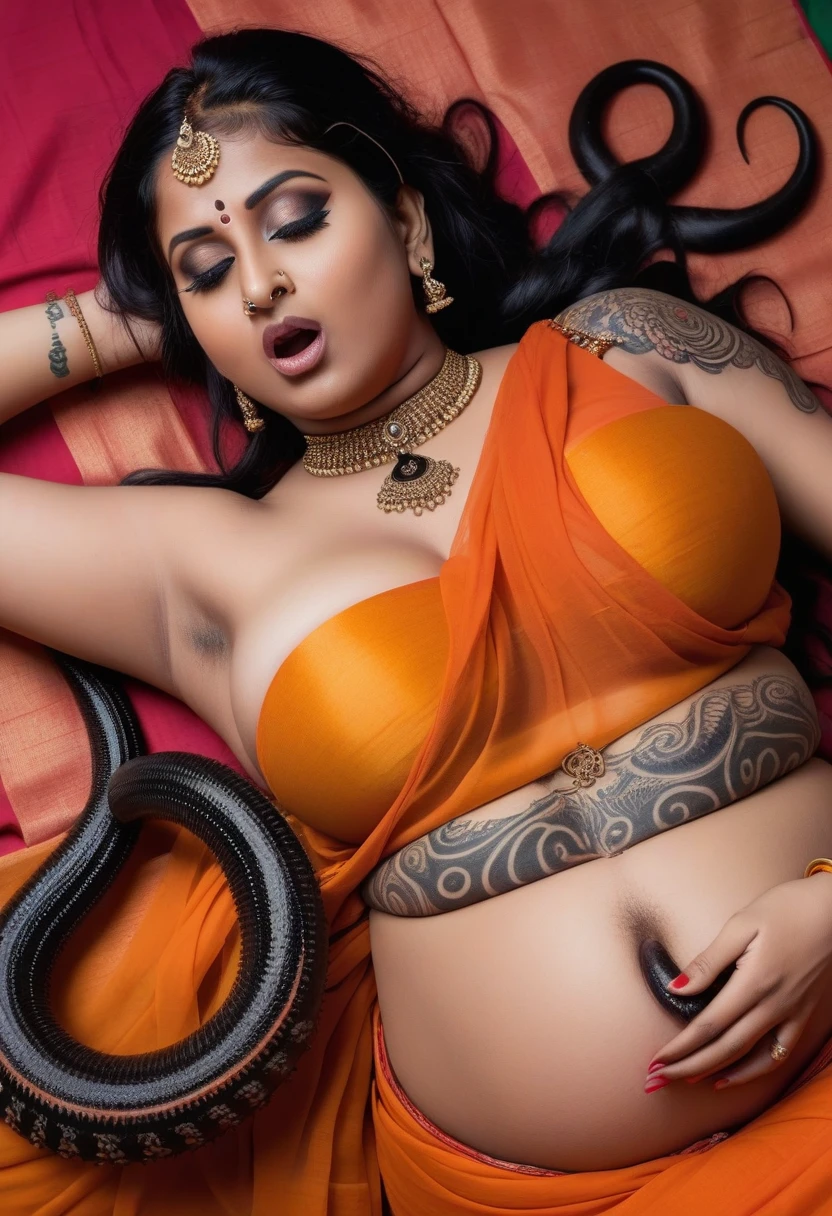Pregnant Topless pink panties Happy Horny, aroused 1girl), beautiful kneeling indian teen girl with giant colossal black titanboa squeezing her hard, wrapped in thick spiraling coils, constricted, struggle, gasping for air, snake attack, snake peril, moonless night, dim light