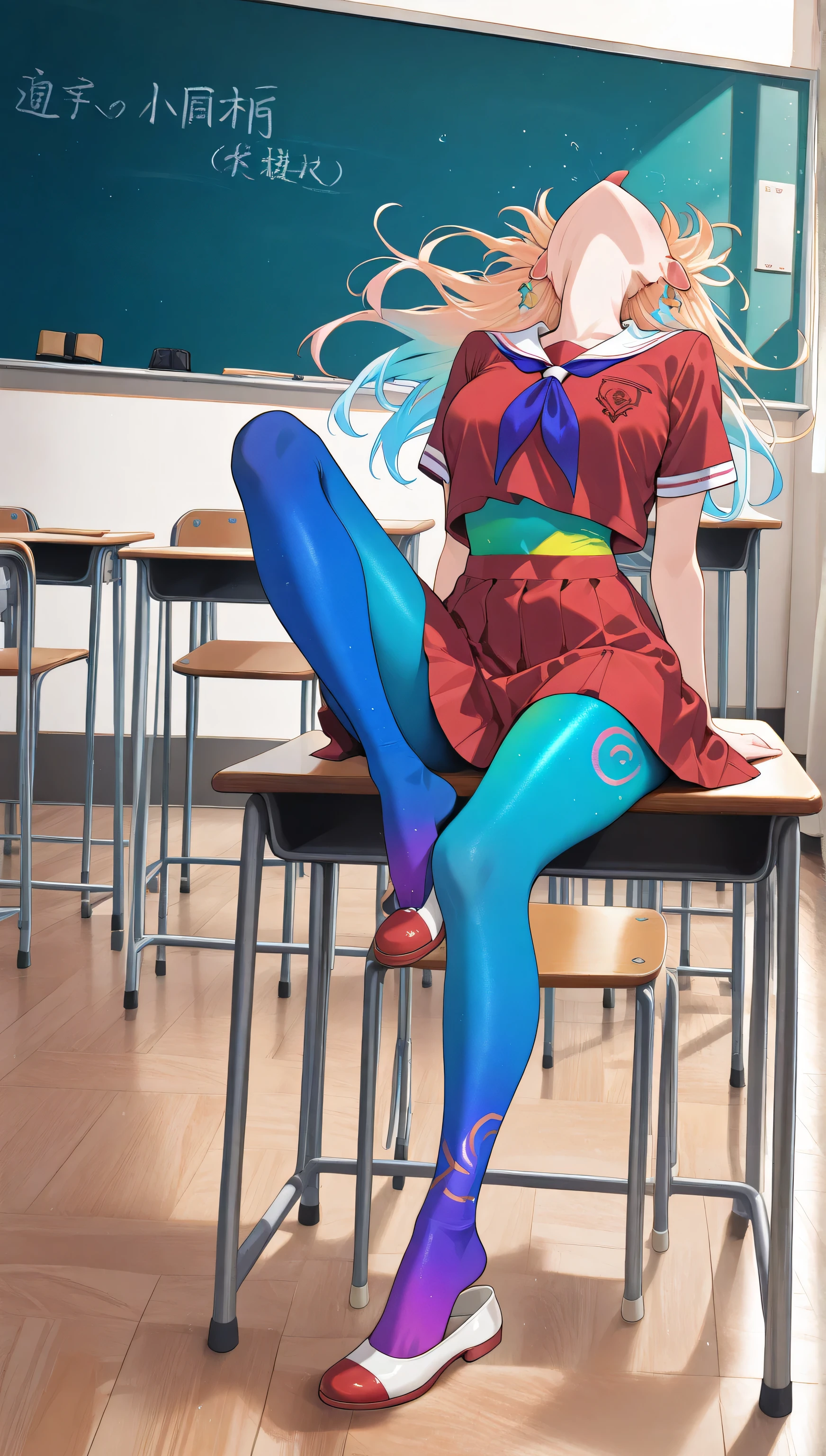 adult women, full body, sitting in a classroom, erotic, dynamic pose, red school uniform, (masterpiece, best quality), colorful pantyhose, colorful bodystocking, vivid colors, shoe dangle:1.0, HDR, volumetric Lighting, classroom background, dynamic image,