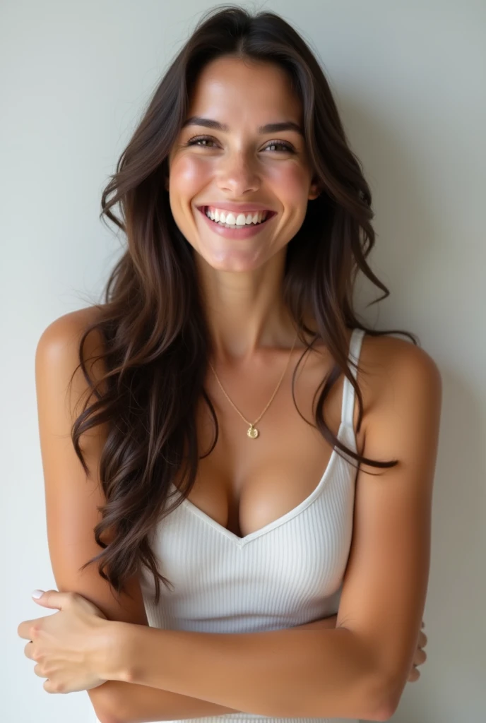 Make an image of a Latina woman with green eyes and long brown hair smiling full-length in a white dress