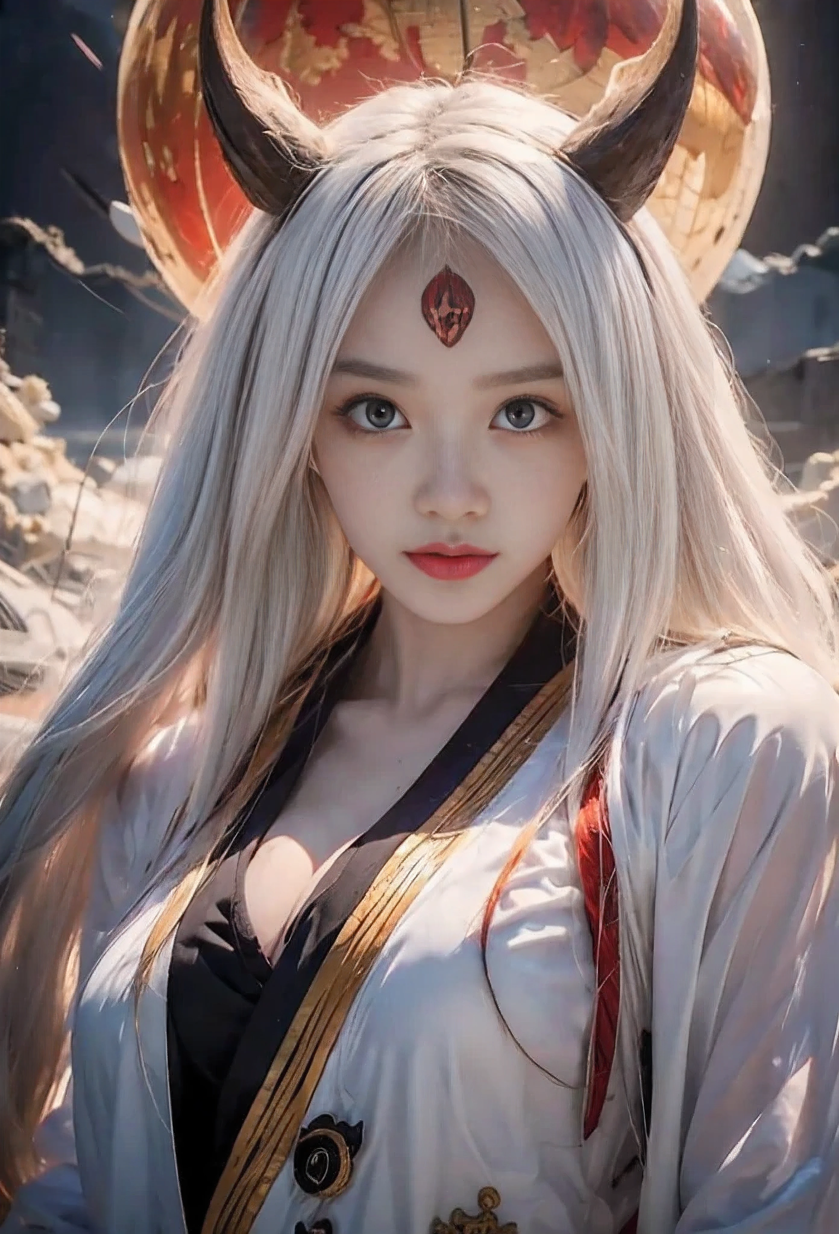 source_anime, (masterpiece), (best quality), score_9, score_8_up, score_7_up, (masterpiece:1.2), (best quality:1.3), 1girl kaguya_otsk, long hair, looking at viewer, third eye, horns, japanese clothes, pale skin, red moon, cleavage, angry expression, facial mark, masterful composition, dynamic movement, low-key lighting, lo-fi, glow, dynamic cinematic lighting, ray_tracing, global illumination, one eye on forehead