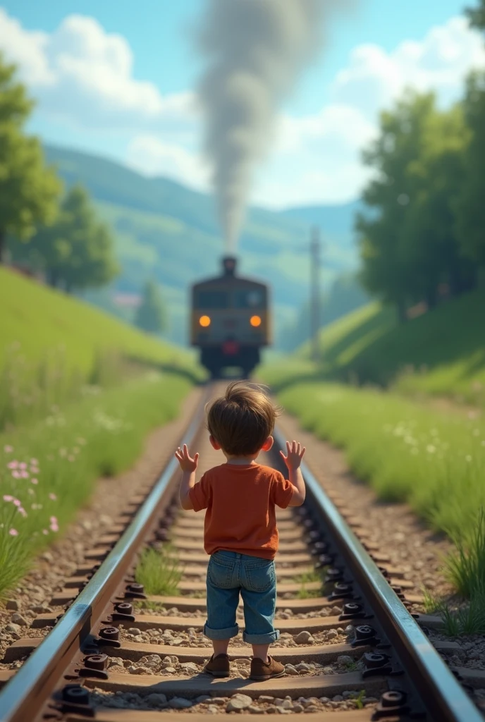 A boy waits at the train station near the train, In the style of Doug Hyde, ultra high definition images