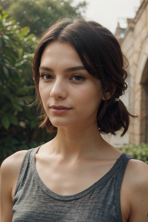 clavicule,fille noire,Bref,, Position large, slip, Cheveux courts, cheveux blancs, eyeshadow, sourire, yeux bleus, woods, collier, ornement de cheveux, From the side