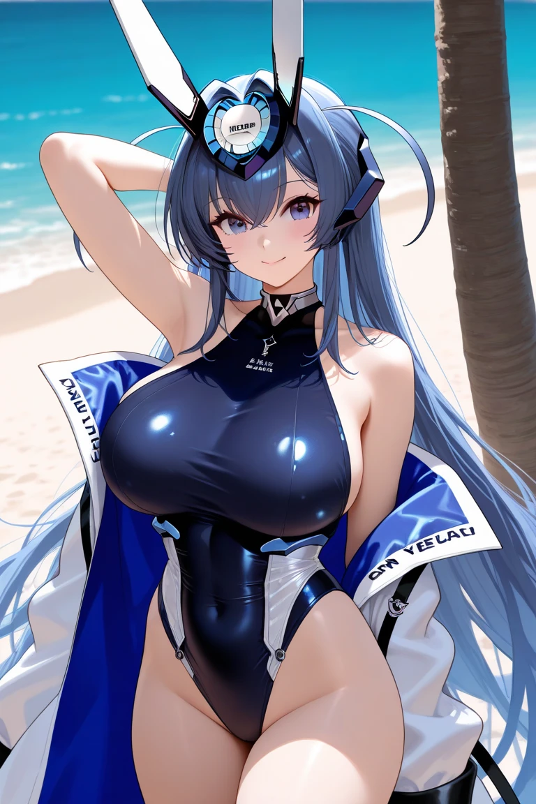 masterpiece, best quality, intricate, absurdres, 1girl, solo, looking at viewer, (upper body, close-up), <lora:Tomoe_Gozen:1>, tomoeg, swimsuit saber, (tomoe gozen \(swimsuit saber\) \(fate\)), red eyes, white hair, parted bangs, hair between eyes, (very long hair), (ponytail), blue bow, ass visible through thighs, swimsuit, highleg swimsuit, one-piece swimsuit, thigh gap, thigh strap, wide hips, narrow waist, large breasts, day ocean, seductive smile, skindentation, covering breasts, hands on own chest, hands up,