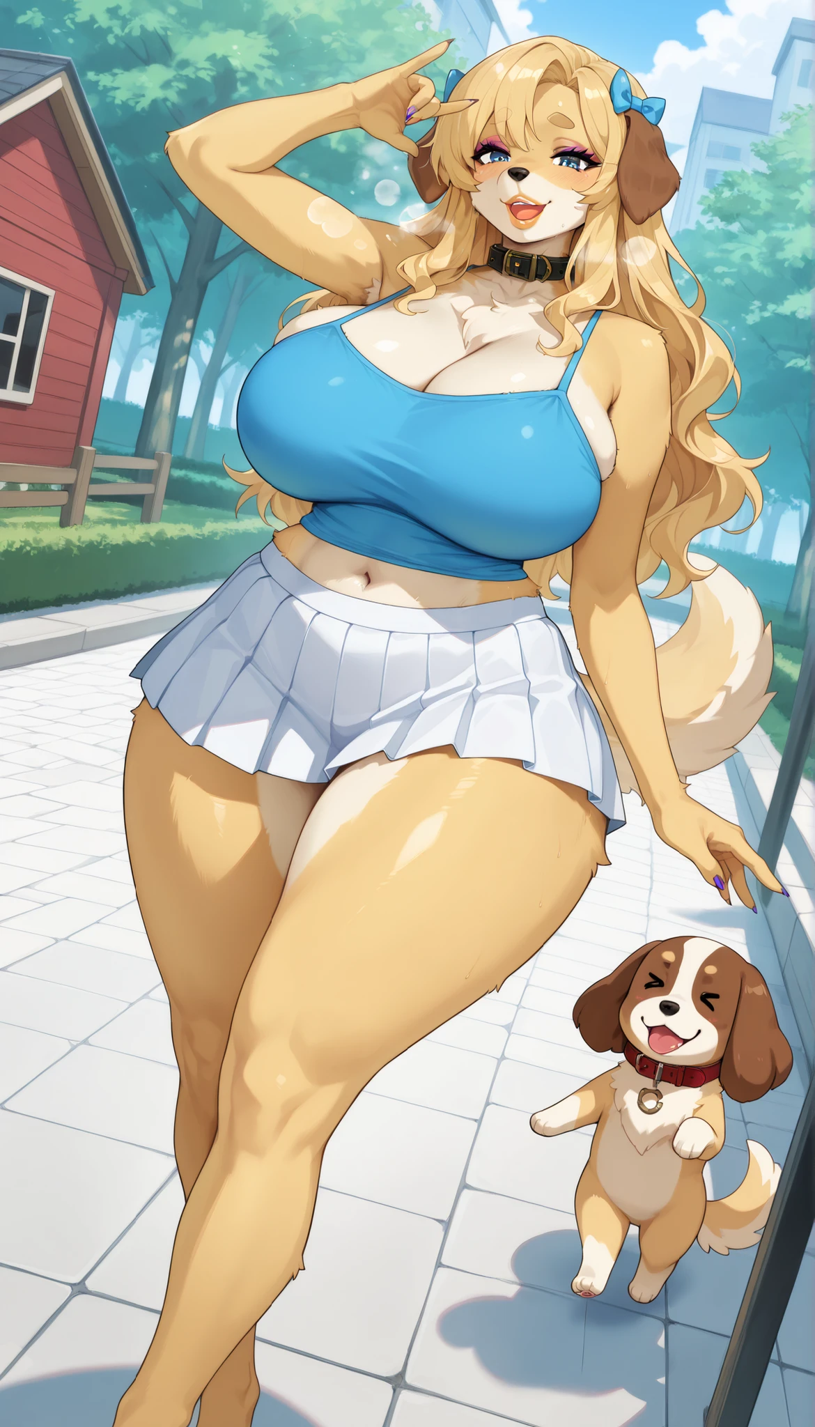 masterpiece, best quality, very aesthetic, absurdres, safe, masterpiece,best quality, amazing quality, very aesthetic,newest, 1girl, dog girl, dog ears, droopy dog ears, bushy tail, furry, furry female, ((gold fur)), (two-toned fur), sidelocks, mature female, mom, milf, motherly, blue eyes, big eyebrows, dot eyebrows, ((thick lips)), (puffy lips), excited smile, open mouth, makeup, eyeshadow, painted lips, very long blonde hair, fluffy hair, wavy hair, tall waist, (wide hips), ((thick thighs)), huge ass, huge breasts, [[[sagging breasts]]], navel, tall, [[long legs]], white pleated skirt, light blue camisole, collar, ((sexy pose)), (posing), (hip and thigh focus), dutch angle, (breath), outdoors, yard, [dog house], hair bow,