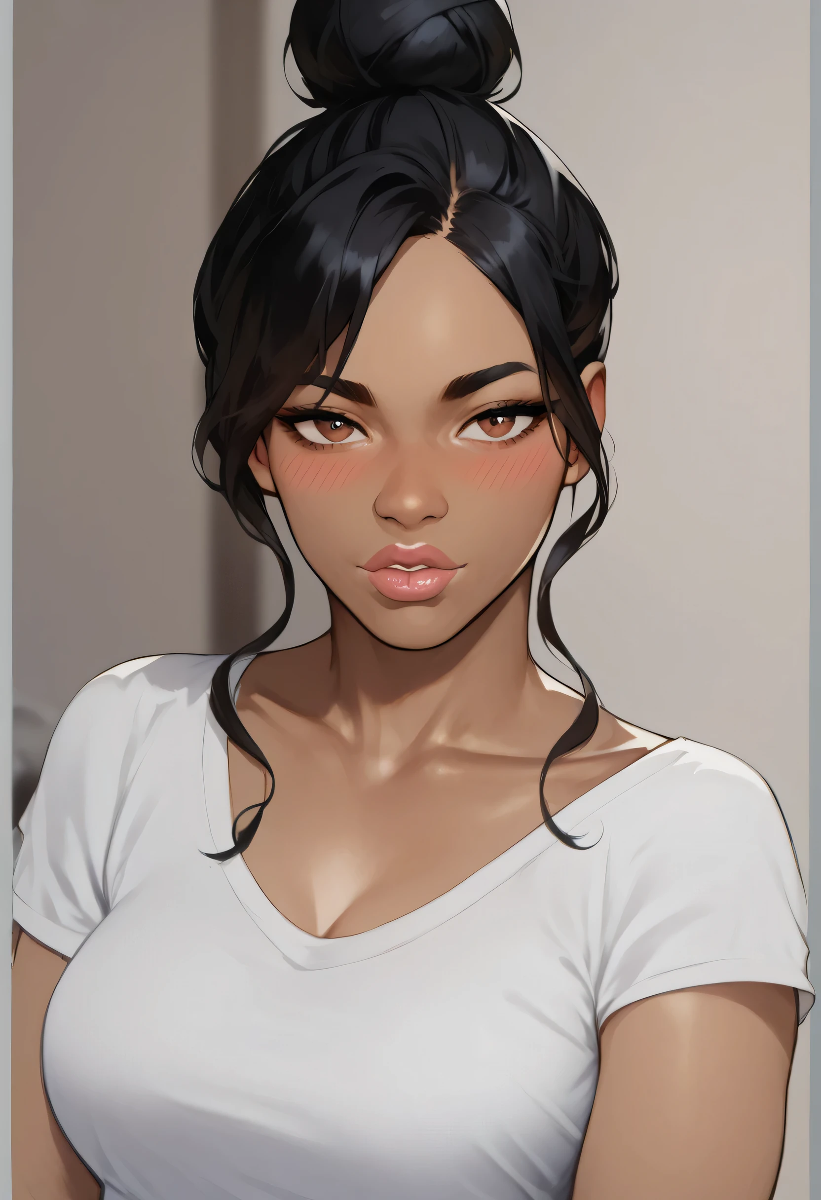 (colored skin, brown skin), perfect face, bun top knot hair, black hair, black natural eyebrows, brown eyes, black eyeliners, blush, thick lips, beautiful woman, white t-shirt, medium breasts