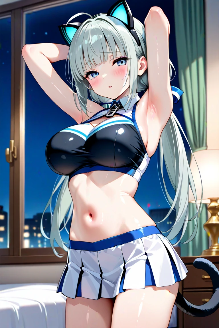 1girl, masterpiece, blonde hair, azur lane ayanami, teen body, little skirt, a arm on bellybutton, a arm idol pose, small lips, ponytail, idol pose, Masterpiece 8k, (Beautiful,large_Breasts:1.8), big breasts, large breasts, (big breasts:1.7), (huge big breasts:1.6), saludando, saludando con la mano, sonrisa, un ojo cerrado, winking,