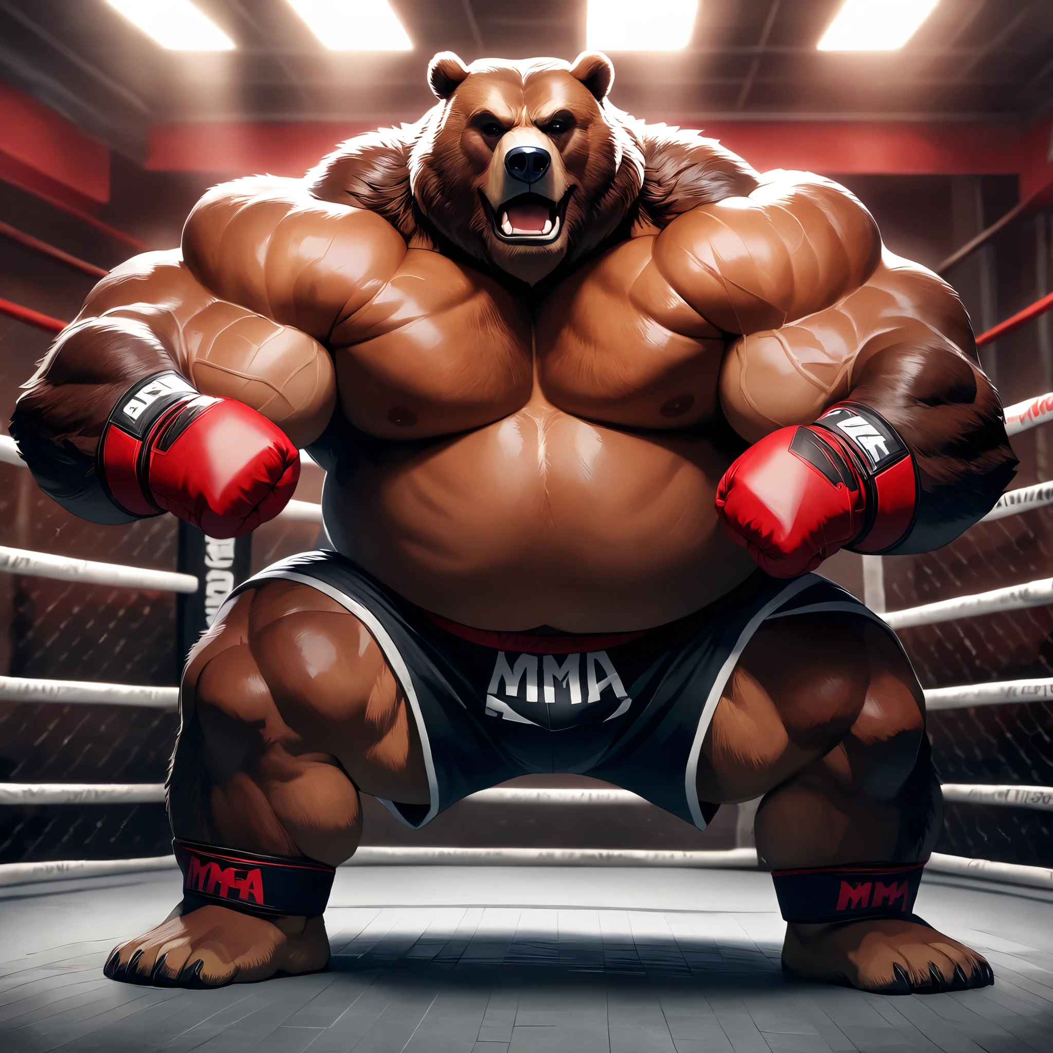 ((solo)), (anthro:1.2) bear (lora; little john), adult, (athletic:1.4), (dense muscles), (super strong:1.4), (correct anatomy:1.2), (broad shoulders:1.2), (heavy build, massive body:1.6), (realistic fur, detailed brown fur texture:1.3), kickboxing martial arts tournament background (corner of the kickboxing MMA ring:1.6), photorealistic, (black compression shorts), (bare torso:1.4), (footwear:1.2), (detailed clothing), hyperrealistic, ultradetailed, (by wfa:1.2), (by takemoto_arashi, by vorusuarts, by Traver009:1, by grimfaust:1), natural lighting, (wet. sweat:1.4), exhausted, ursine head (open eyes, brown mane), (steaming breath:1.2), ((serious:1.4) expression), (punching:1.4), (kicking:1.6), (view from center:1.4)
