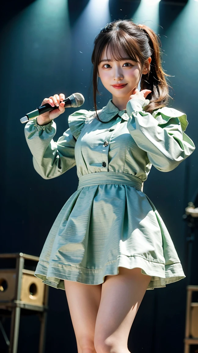 Best quality: 1.4, high resolution, perfect lighting, one woman, bangs, twin tails, double eyelids, Japanese idol costume, green frilly costume, live performance, microphone, various color lighting
