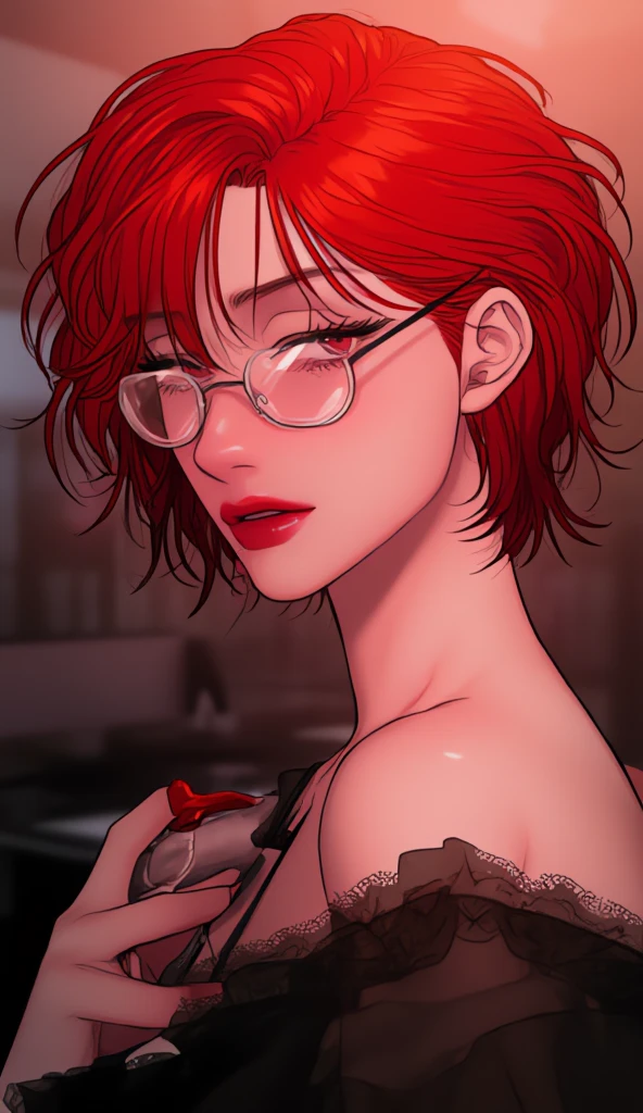 ((1girl)), beautiful woman, detailed beautiful hair, detailed beautiful eyes, short red hair, small breasts, glasses, naked, nude, pubic hair, choker collar, hands cuffed behind back, cinematic lighting, dramatic lighting,