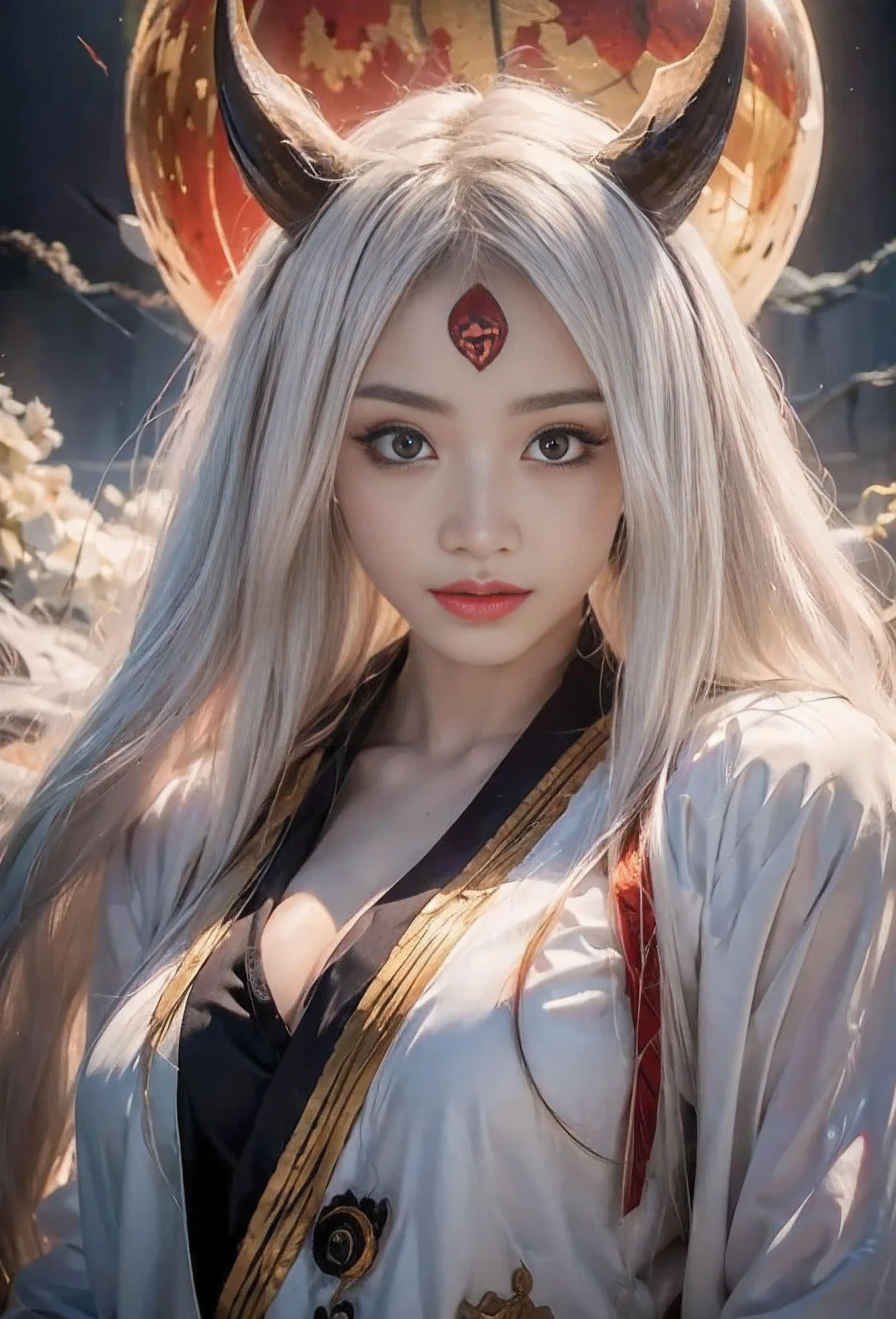 source_anime, (masterpiece), (best quality), score_9, score_8_up, score_7_up, (masterpiece:1.2), (best quality:1.3), 1girl kaguya_otsk, long hair, looking at viewer, third eye, horns, japanese clothes, pale skin, red moon, cleavage, angry expression, facial mark, masterful composition, dynamic movement, low-key lighting, lo-fi, glow, dynamic cinematic lighting, ray_tracing, global illumination, one eye on forehead
