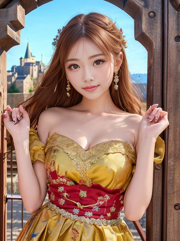 Ultra HD resolution,artistic photos,Professional erotic Photography,((21 year very sexy girl, long brunette messy hair, big breasts:1.2, cold ultra realistic skin, smiling at viewer wearing a very sexy renaissance medieval whore golden red costume, in a fantasy renaissance fair fuck fest)), exposed breasts & navel, posing like a super-model, in a fantasy renaissance fair fuck fest , smiling at viewer, captivating eyes, natural red lips, attention to detail.