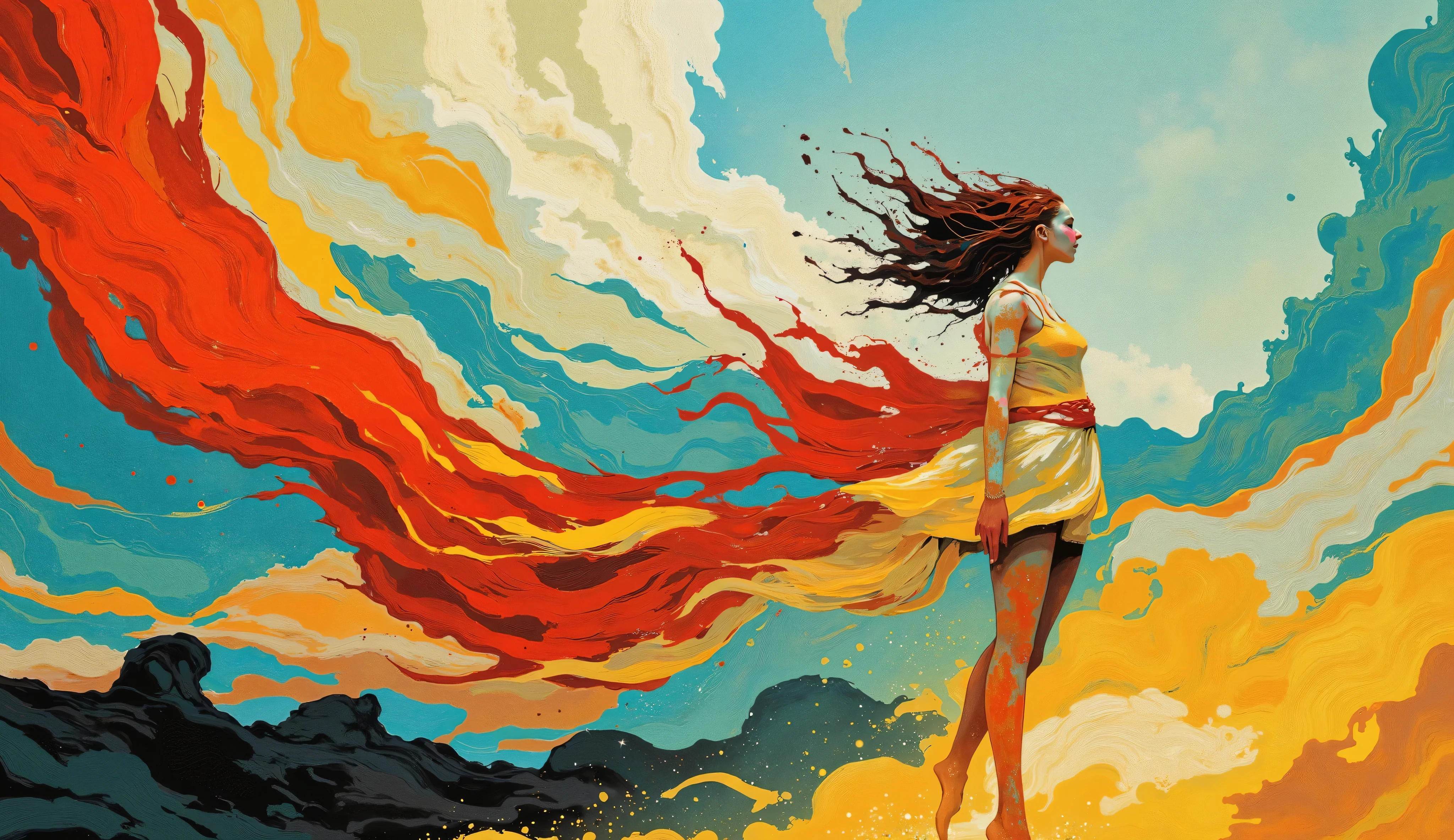 fashion illustration, illustration, fantasia surreal, Beautiful girl with long wavy hair walks using summer dress, in Rio de Janeiro, Redentor, color palette Button Blue, Dark Yellow, Peridot, UE Red, Carmine, morning, volumetric lights, , acrylic, fashion illustration.