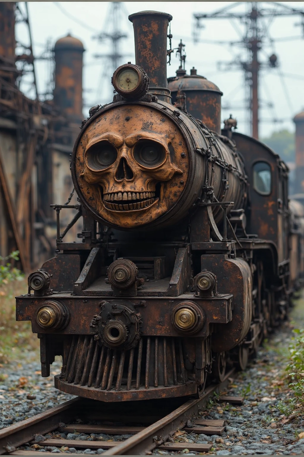 Train lines and trains in the jungle The head of the train is like a skeleton head