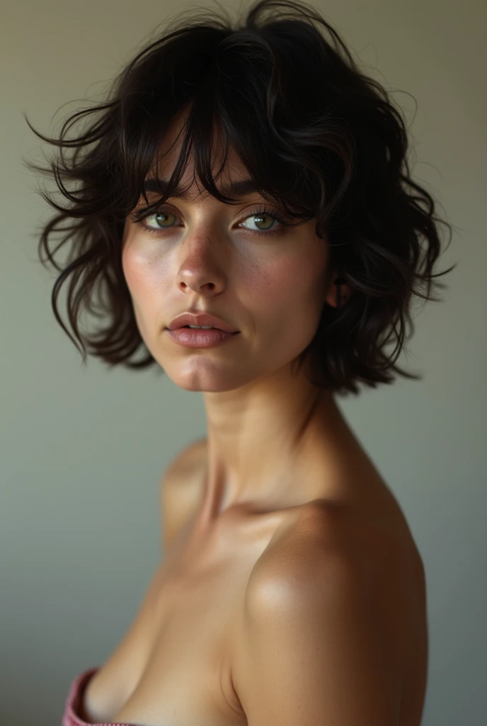 A white woman, with short curly hair, potato nose, rounded face, brown eyes with full lips. slim, where the waist is thicker than the chest, totally naked 