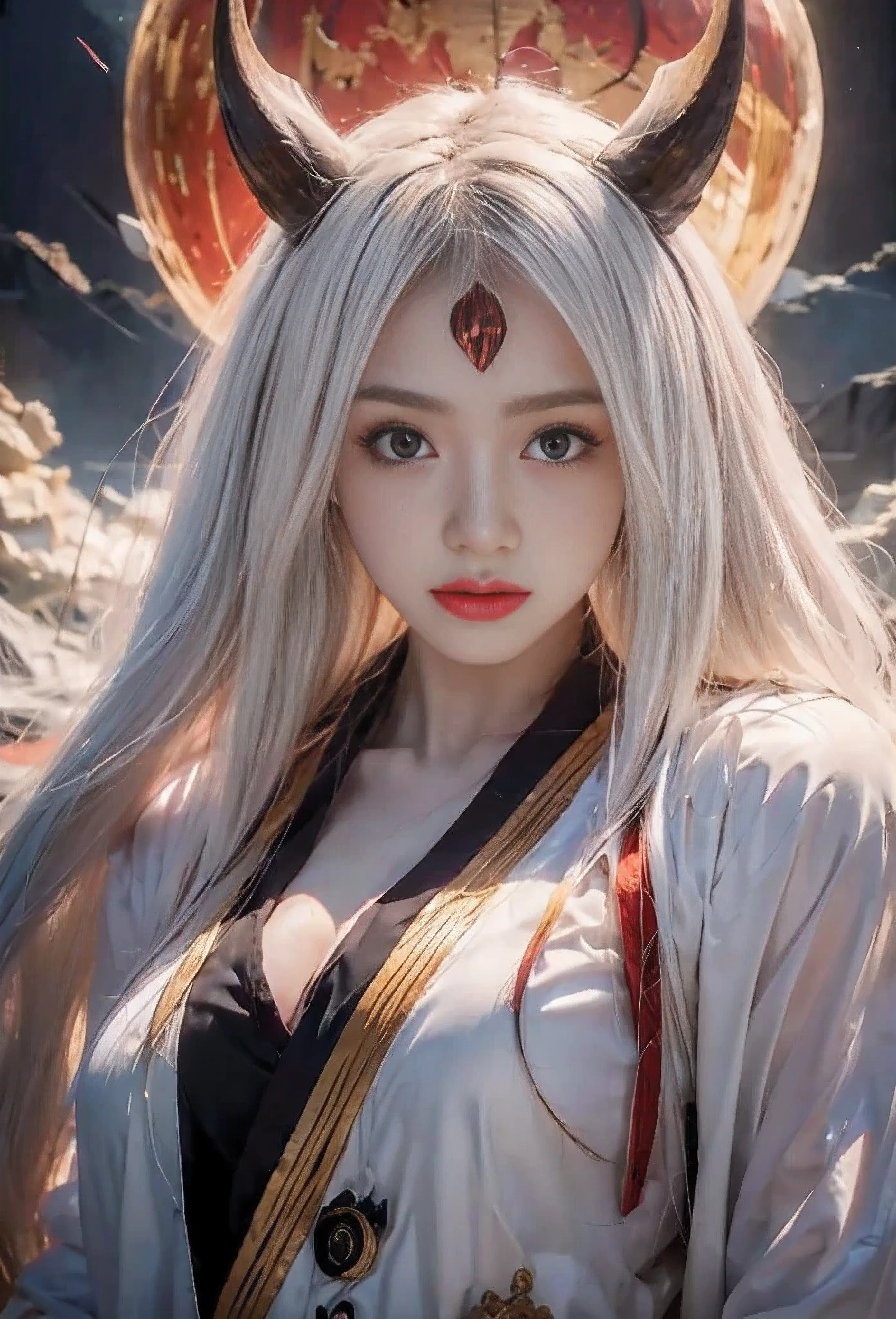 source_anime, (masterpiece), (best quality), score_9, score_8_up, score_7_up, (masterpiece:1.2), (best quality:1.3), 1girl kaguya_otsk, long hair, looking at viewer, third eye, horns, japanese clothes, pale skin, red moon, cleavage, angry expression, facial mark, masterful composition, dynamic movement, low-key lighting, lo-fi, glow, dynamic cinematic lighting, ray_tracing, global illumination, one eye on forehead