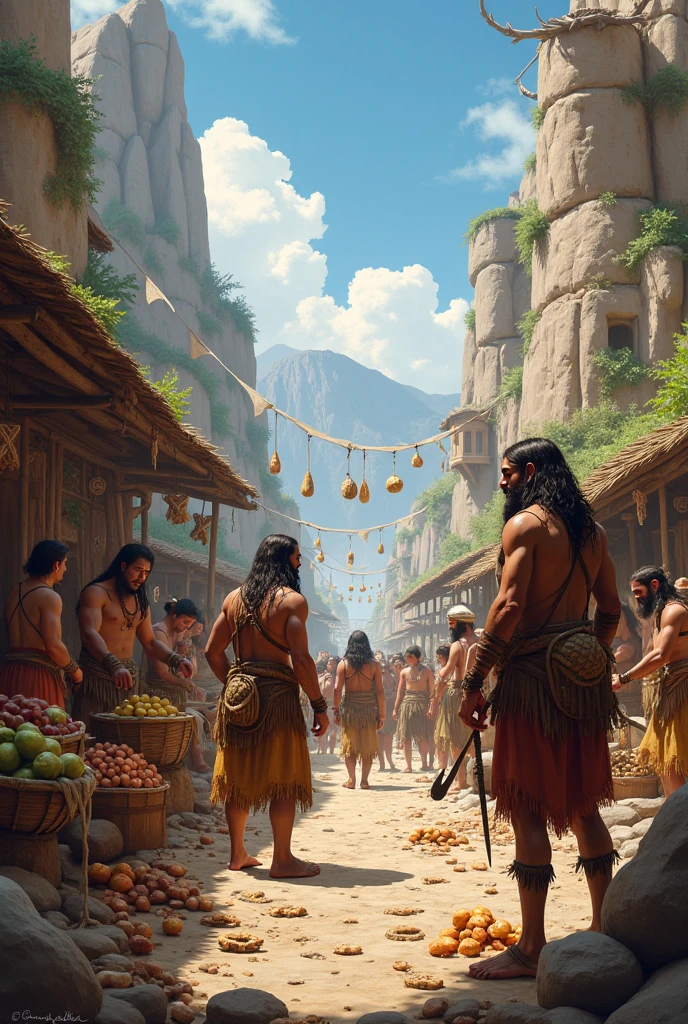 Make a simple and easy drawing to draw a merchant with his respective merchandise, Workers, and that the appearance and layout of the Mayan markets can be appreciated 