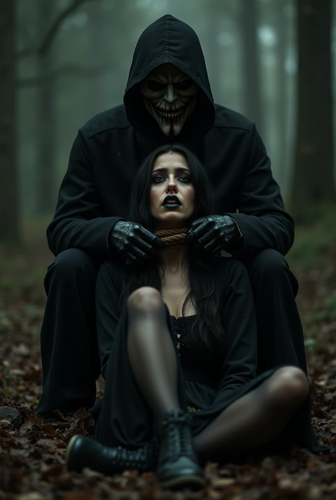 Black woman hair in a bun black hoodie black leather short shorts and a scary ugly witch standing behind her with its hand over her mouth keeping her from screaming in fear.