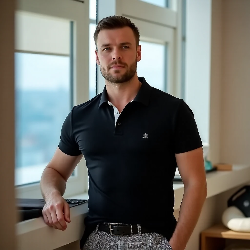 blonde alpha male man, a policeman, perfect body, a police man, with police uniform t shirt, briefs bixer black color, blue eyes, virile, alpha male, nordic type, europe man type, hairy body, tall stading full body, alone on office,