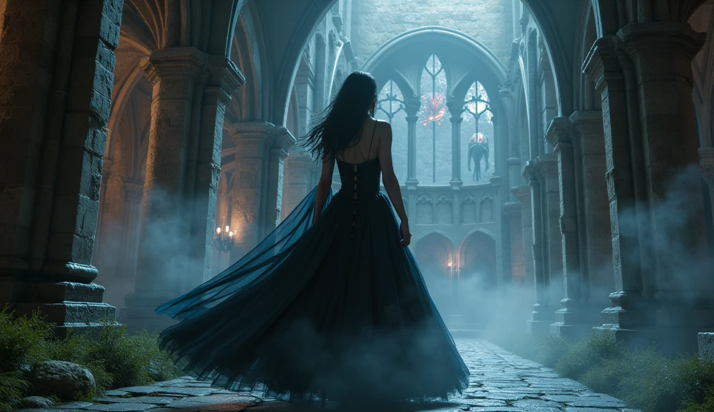 a young 9-year-old daughter of severus snape, a ghostly figure floating in the air wearing a transparent nightgown, in the hogwarts castle at night, detailed face, highly detailed, photorealistic, dramatic lighting, cinematic, moody, atmospheric, intricate details, chiaroscuro, beautiful colors, glowing, ethereal, magical