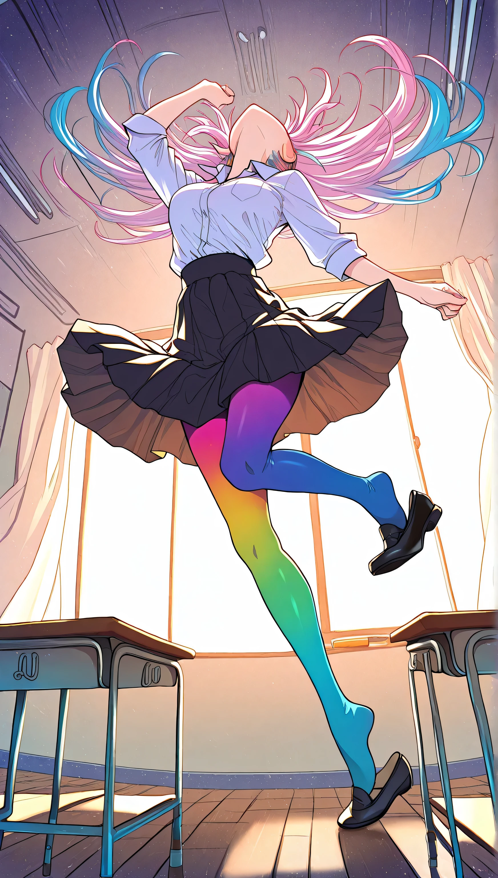 2 adult women, full body, erotic, dynamic pose, (masterpiece, best quality), colorful pantyhose, vivid colors, shoe dangle:1.0, HDR, volumetric Lighting, classroom background, dynamic image, 