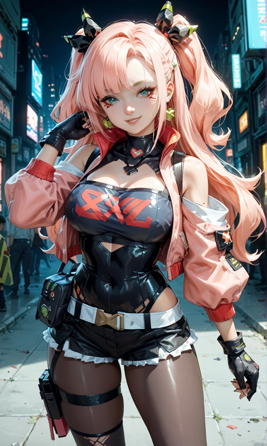Anime Kawaii sexy Perfect Slim sensual body large breast and huge thighs, An intricate and highly detailed illustration of anime (Young girl) 8K,Ultra Detail,ultra-quality,ultra precision,ultimate masterpiece,GAL,big ,big Thigh,white leather jacket,jeans,twin tail(blond&pink mix),cool Graffiti on the wall,Cyber punk street,