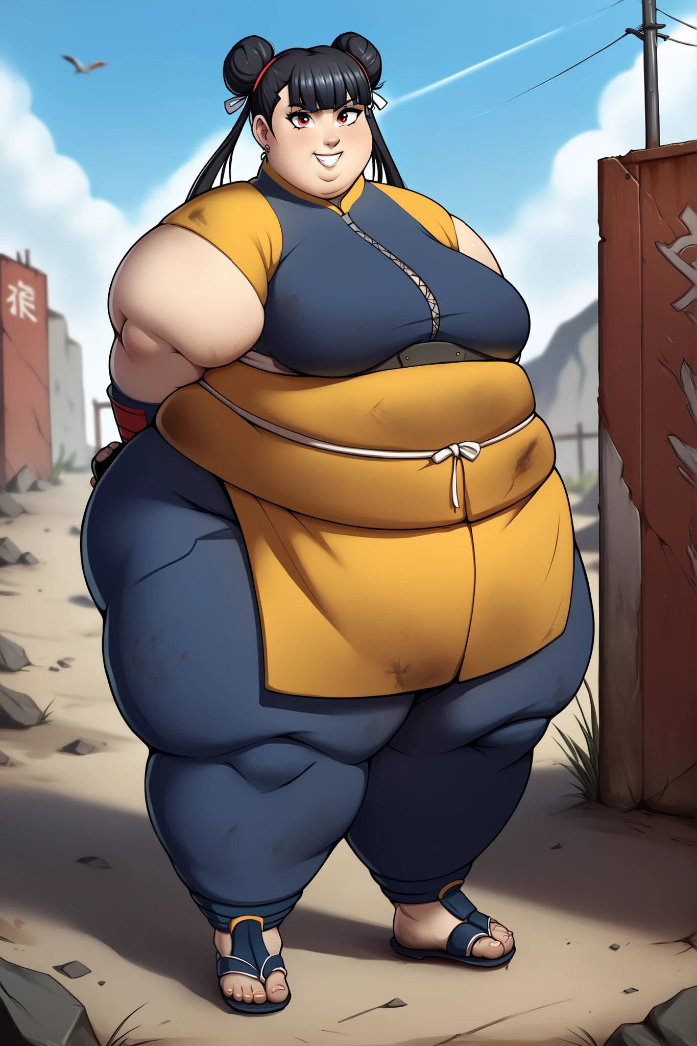score_9, score_8_up, score_7_up, score_6_up, score_5_up, score_4_up, BREAK, source_anime,
1girl, black hair, blunt bangs, double bun, long hair, red eyes, twin tails, breasts
ninja, sandals, SSBBW, fat, 500 lbs.,
hands behind back, smile, full body, looking at viewer, solo, outdoors, wasteland