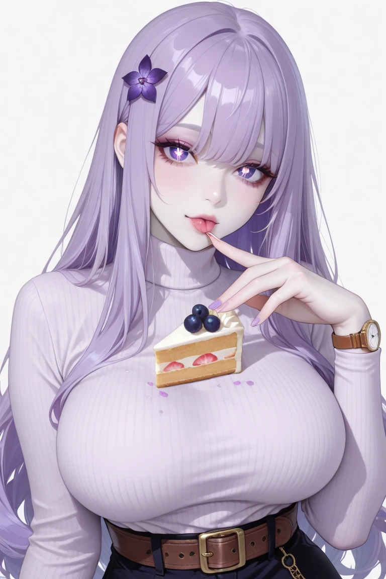 (masterpiece, best quality:1.2), yamanobe tomo, purple hair, red eyes, medium hair, huge breasts, wide hips, thick thighs, beatiful, cute pose, cute, thick lips, blush, cute, plump, dessert, eating, holding, happy, sweater dress, off shoulder, pantyhose, apron,