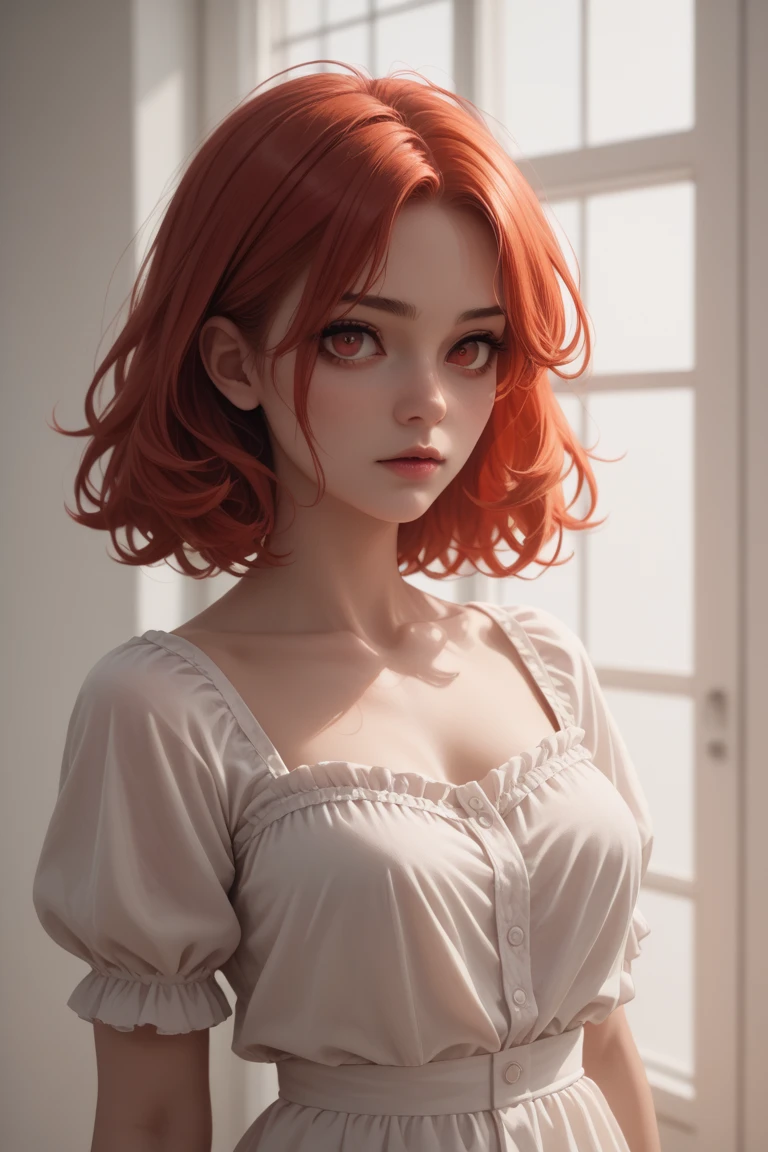 Young teenager, Nordic ethnicity, Chin-length bob hairstyle, dark ginger hair with a perfect face and small breasts, with freckles, Wearing a sexy silk French maid uniform, Stupid, full body shot, small breasts, tiny little body, .showing a lot of skin, with a black necklace ,but she has big tits.