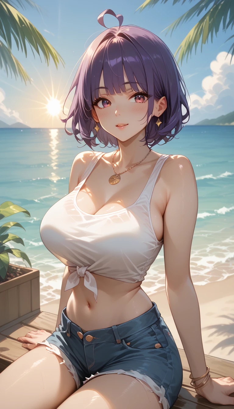 (highest quality, ultra high resolution, masterpiece :1.3), A tall and pretty woman, Elchan, Beautiful slim figure, Thin waist and abs, big breasts, (short hair), Printed magenta cropped short-sleeved top, (White Running Shorts), fascinating face, attractive appearance, Balcony with beach view on background, Precisely expresses details such as face and skin texture, fine eyes