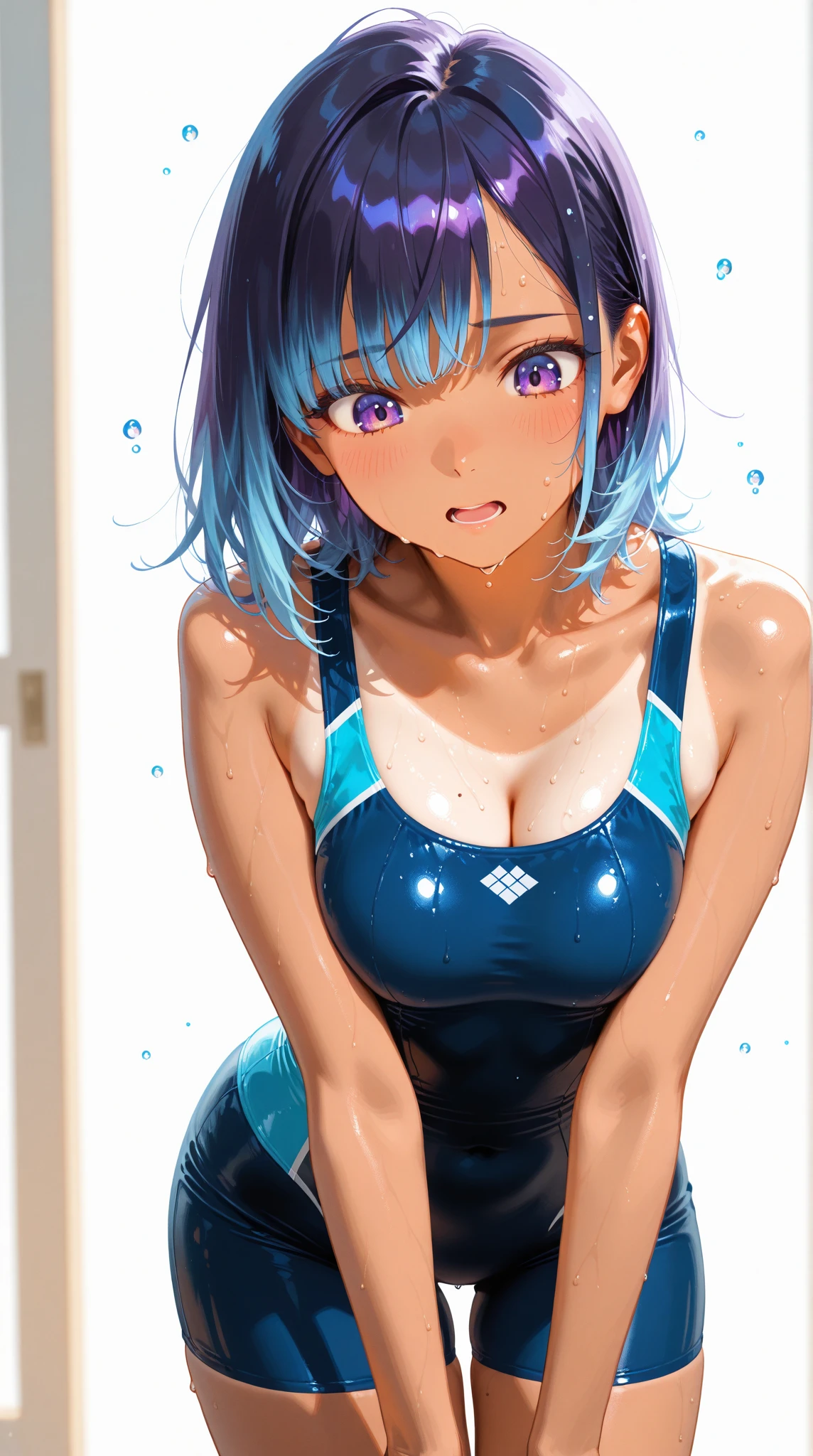 (Unity 16K Wallpaper, masutepiece, Best Quality, Ultra-detailed, extremely details CG, Caustics, Cinematic lighting, Detailed, Beautiful detailed eyes, Solo,Pool side),Ultra High Resolution, Fine skin、A sexy,NSFW,(School Swimsuit:1.3), small tits、14 years old、Blue eyes、blue hairs、Perm Hair, blush, angry,Sitting, Spread legs wide, a pixie cut、The whole body is drenched、The whole body is soaking wet、Small School Swimwear、excessive cum、cum on body、cum on clothes、cumdrip、cum on breasts、female masturbation、arms behind head、cum overflow、female ejaculation、cum in mouth、facial、bukkake、pussy juice