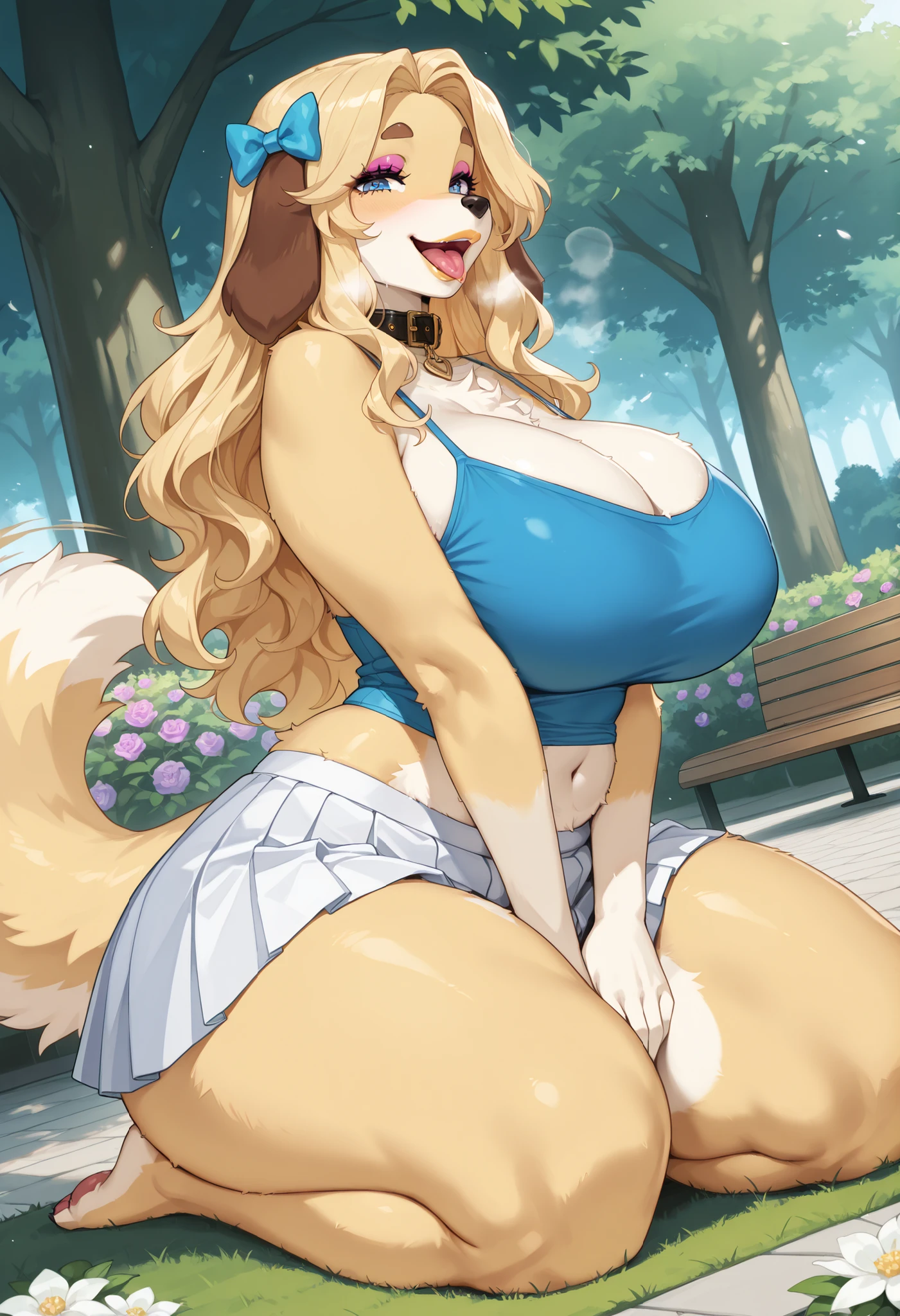 (hi res), ((Masterpiece)) , ((Best Quality)), illustartion, woman's, Dog, average breasts, upper body, furry, big breasts, thick legs, with low-cut dress, jewelry, modest, in public,