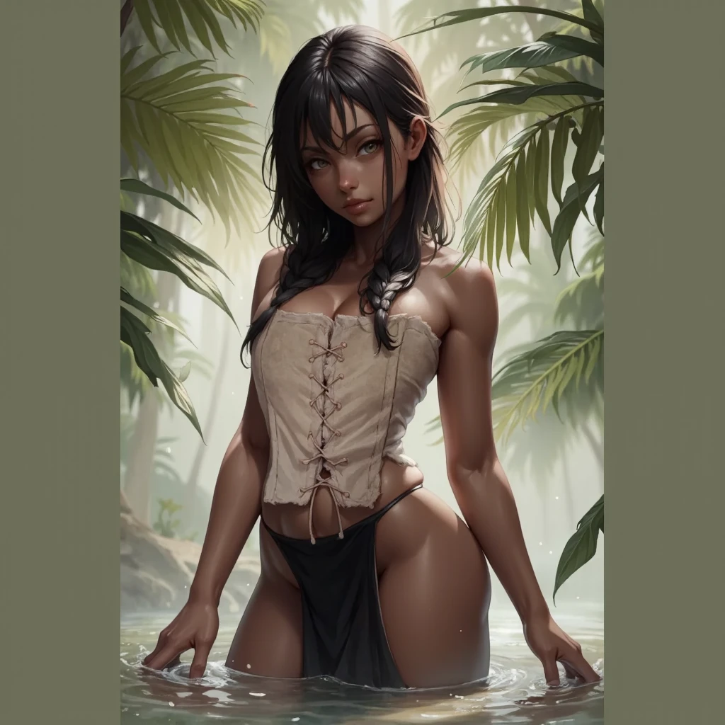 masterpiece, high quality, High resolution, Brunette tanned light brown skin elf with bulge in pants, short black pixie hair, using a cloth dress, blurred forest in the background, piercing in the head, belly button, and nipples, super detailed face,、beautiful breasts、 Super detailed body, pore body, tribal elf tattoo, alone, girl (small breasts, A shy expression that avoids eye contact), curved body, compensate, eyeliner, red cheeks