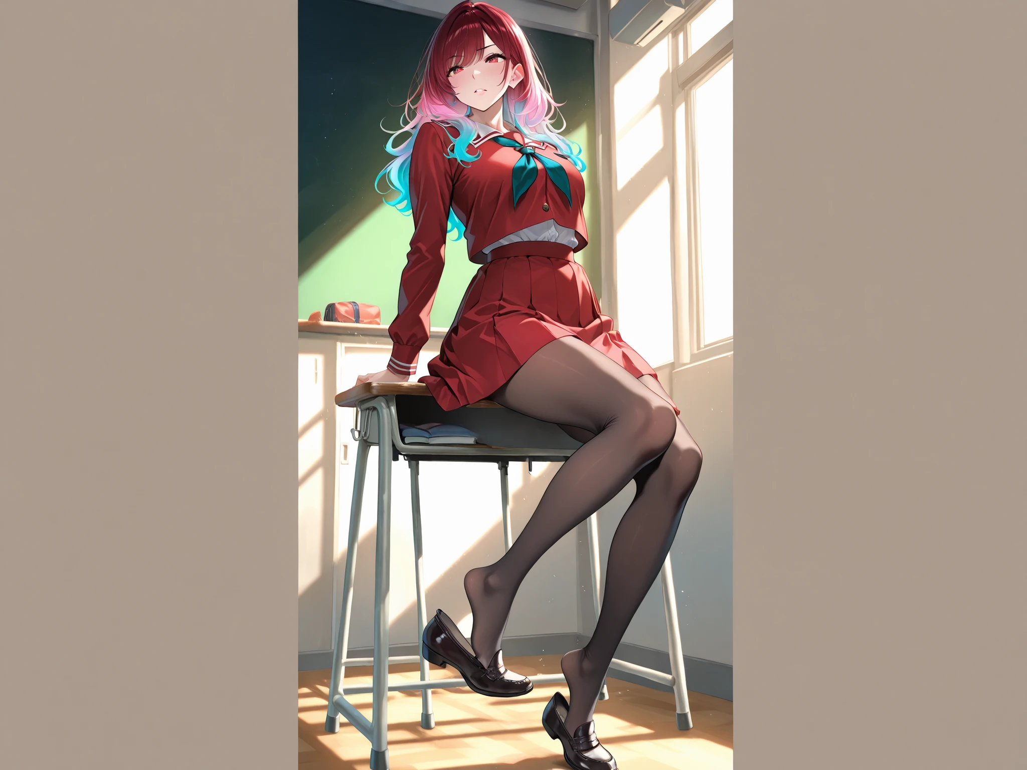 adult women, full body, sitting in a classroom, erotic, dynamic pose, red school uniform, (masterpiece, best quality), pantyhose, vivid colors, shoe dangle:1.0, HDR, volumetric Lighting, classroom background, dynamic image,