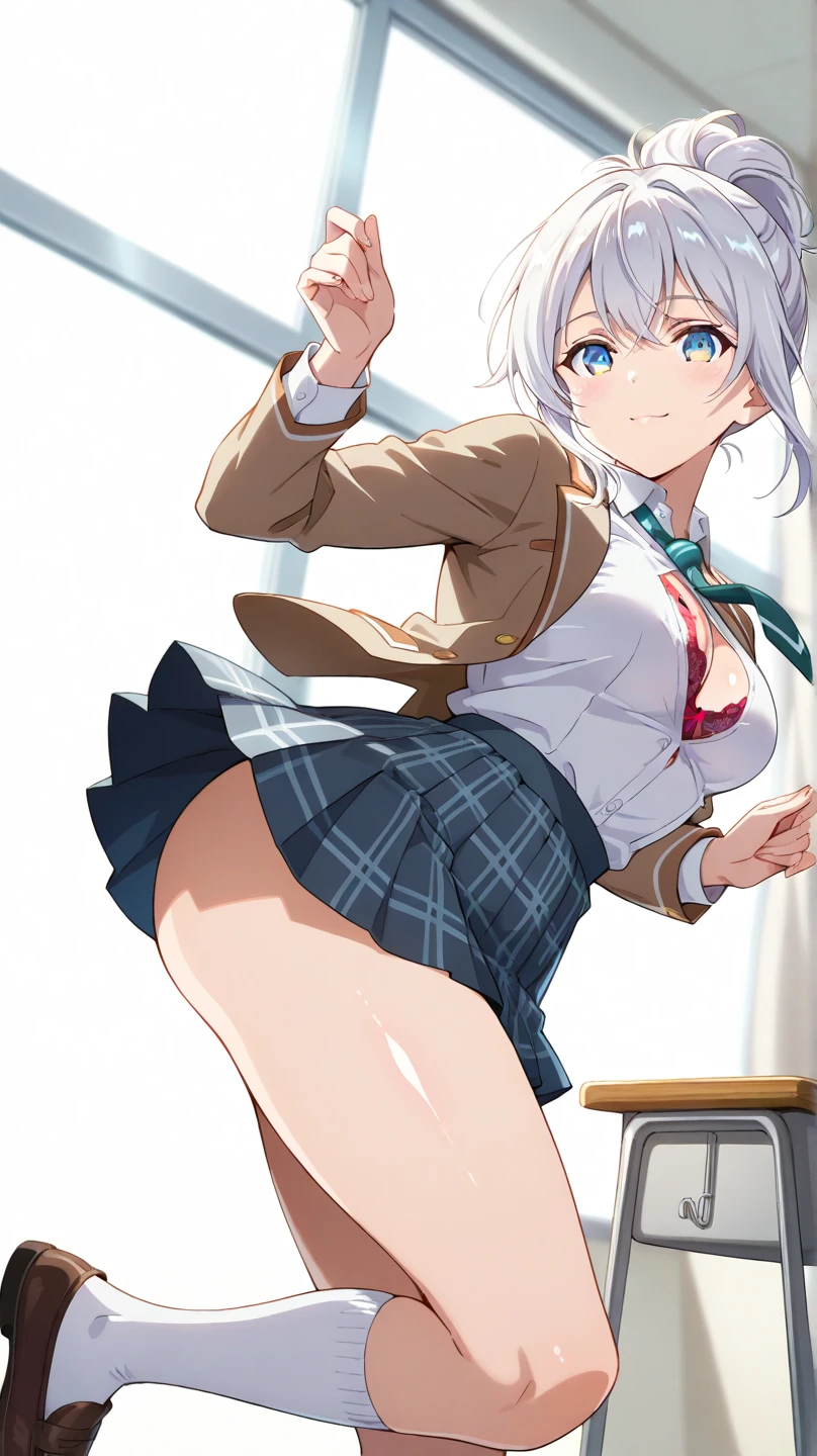An illustration girl 18-year-old short bob super mini skirt blue eyes vest bust Too exposed Racy line constriction white hair Erotic
