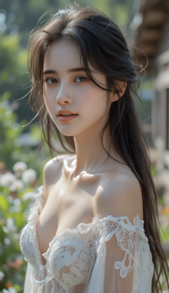 (girl:1.5),race,ribbon,(masterpiece, side light, Beautiful detailed gray eyes: 1.2), Medium chest, realistic, shining eyes,shiny hair,black hair,long long hair, Glossy skin, alone, embarrassing,strapless,exquisite,beautifully,garden,flowers,flying petals, barefoot, Cherry Blossom, cinematic light, cinematic composition, rich expression