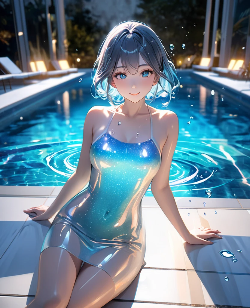 Sparkle, glitter, cute girl, anime with a pool in daytime, wearing a swimsuit, clear clarification serenity, with jewelry, sparkle,brilliant,shiny,glitter,twinkle,diamond,sunlight,pale tone,glow,luminant,dazzling,full body shot,glamorous,