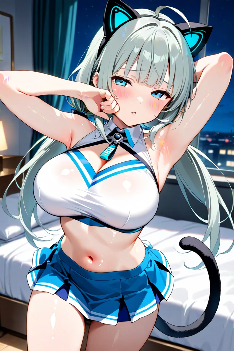 (Highest quality), (High resolution), (masterpiece), (Super detailed), Wolf Ears, Silver Hair, Long Hair, Light blue eyes, Blue Archive Art Style, One girl, Silky skin, Shiny skin, An athletic body, blush, Heavy breathing, chest, (Swimwear), Front view, (Bright saturation), Sexual pose, Dripping love juice, Heart Pupil, Trembling with sexual climax, Heavy breathing